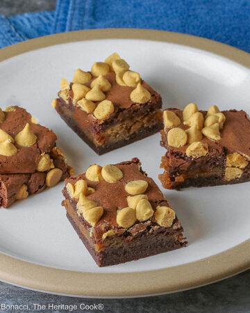 Four Peanut Butter Brownies with a peanut butter layer in the middle and studded with peanut butter chips on top, placed on a white plate with a natural light brown clay border, with denim blue cloths behind, sitting on a neutral gray backdrop © 2026 Jane Bonacci, The Heritage Cook.
