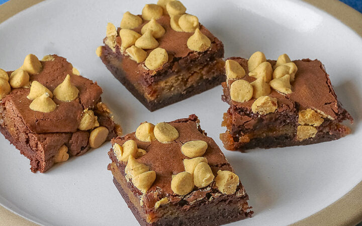 Four Peanut Butter Brownies with a peanut butter layer in the middle and studded with peanut butter chips on top, placed on a white plate with a natural light brown clay border, with denim blue cloths behind, sitting on a neutral gray backdrop © 2026 Jane Bonacci, The Heritage Cook.
