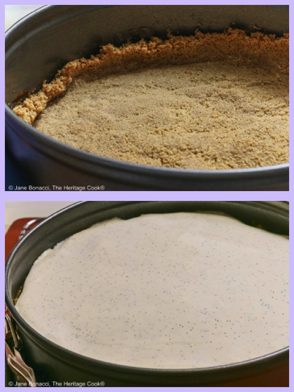 Top: Freshly baked crust; Bottom: Cheesecake with sour cream topping.