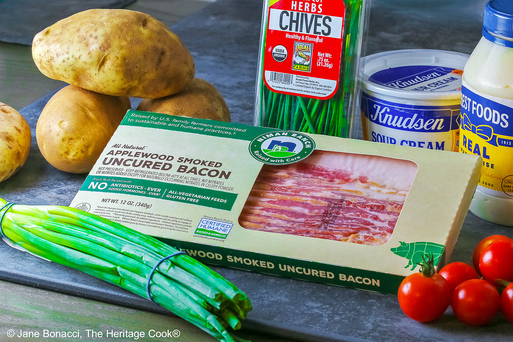 Ingredients for Sassy Loaded Baked Potato Salad (GF).