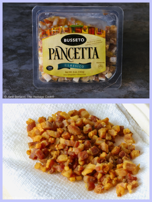 Package of pre cubed pancetta and the cooked pancetta on a paper towel.